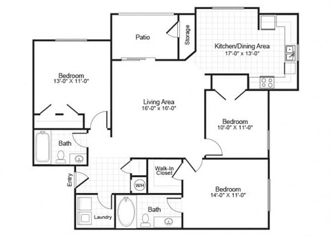 three bedroom two bathroom floor plan image